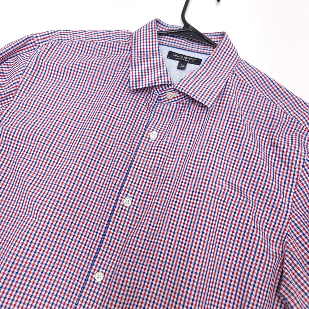 Banana Republic Slim Fit Non Iron Button Down Shirt Mens XL Plaid Red White Blue